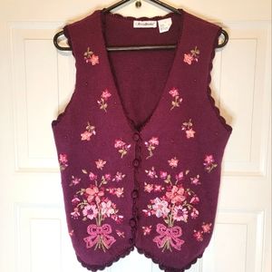 Y2k Oversized Maroon/Purple Floral Beaded, Ribbon Button Knit Embroidered Vest
